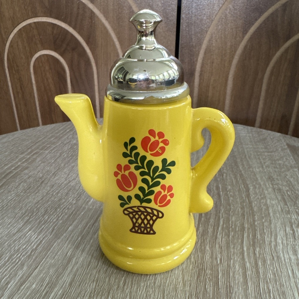 Vintage Avon yellow coffee pot perfume bottle, empty, for kitchen bath dresser